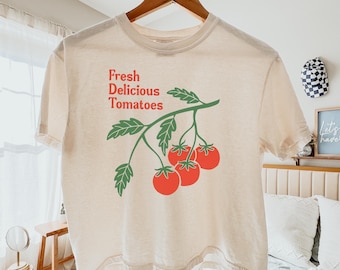 Fresh Delicious Tomatoes Comfort Colors Boxy Tee, Subtle FDT, Tomato Vine Illustration, Red Green Produce Tee