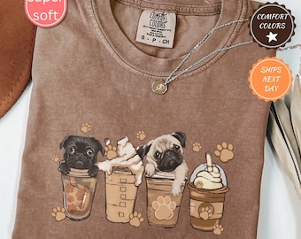 Comfort Colors® Cute Pug Coffee Shirt, Cute Animal Shirt, Coffee Shirt, Trendy Coffee Graphic T-Shirt, Coffee Lover Gift, Pug Lover Gift