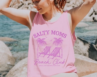 Comfort Colors® Salty Moms Beach Club Tank Tops, Girls Just Wanna Have Sun, Summer Mom Tops, Beach Vacation Gift, Coastal Mom Aesthetic Top