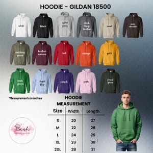 May include: A product display featuring a variety of Gildan 18500 hoodies in various colors, including white, black, and red. The image includes a size chart with measurements in inches, and the text "Bash Custom Designs".