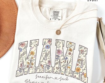 Comfort Colors®Mama Shirt with Kids Name, Floral Mama Shirt, Mothers Day Gift, Retro Mom Tee, Cute Mom Shirt, Mama Tshirt, Shirt for Women