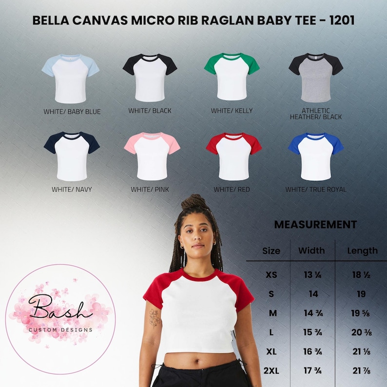 Puede incluir: Una camiseta blanca Bella Canvas Micro Rib Raglan Baby Tee con mangas de varios colores, incluyendo azul beb&eacute;, negro, verde, marino, rosa, rojo y azul real. Medidas para tallas XS a 2XL, anchos de 33.66 cm a 45.09 cm y largos de 47 cm a 55.56 cm.
