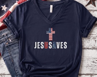 Retro Jesus Saves Patriotic Christian V-neck T-Shirt, Faith American Tee, Religious Tee, Patriotic Christian Apparel, Women's V-Neck