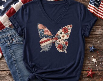 Faux Patchwork Patriotic Butterfly V-Neck T-Shirt, American Flag Butterfly Tee, 4th Of July Shirt, Independence Day Gift, Gift for Her