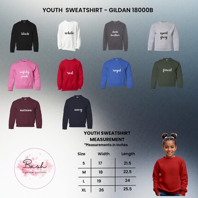 May include: A selection of youth sweatshirts in various colors, including black, white, and red. The image displays the sweatshirts with the color names written on them. Measurements are provided in inches for sizes S, M, L, and XL. The brand is Gildan 18000B.