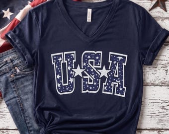 Retro USA V-Neck T-Shirt, Patriotic Apparel, Fourth Of July Outfit, 250th Anniversary, Semiquincentennial Celebration Tee, Independence Day