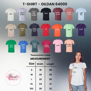 May include: A display of Gildan 64000 t-shirts in various colors, including white, black, and red. The image includes a size chart with measurements in inches, and a woman wearing a white t-shirt. The brand logo is visible.