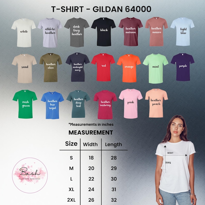 May include: A display of Gildan 64000 t-shirts in various colors, including white, black, and red. The image includes a size chart with measurements in inches, and a woman wearing a white t-shirt. The brand logo is visible.