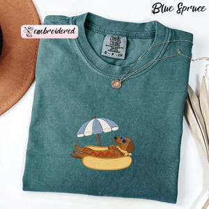 Embroidered Funny Dachshund Comfort Colors Shirt: Summer Hot Dog Tee, Gift For Dog Mom image 1