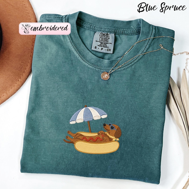 Embroidered Funny Dachshund Comfort Colors Shirt: Summer Hot Dog Tee, Gift For Dog Mom image 1