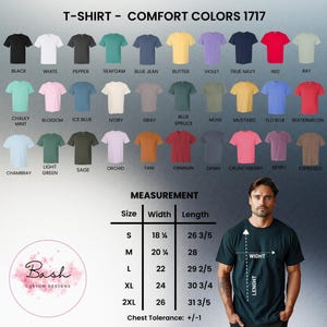 Peut inclure: Pr&eacute;sentation de t-shirts Comfort Colors 1717 dans diverses couleurs, dont noir, blanc et rouge. L'image comprend un tableau des tailles avec des mesures en cm et le logo Bash Custom Designs.