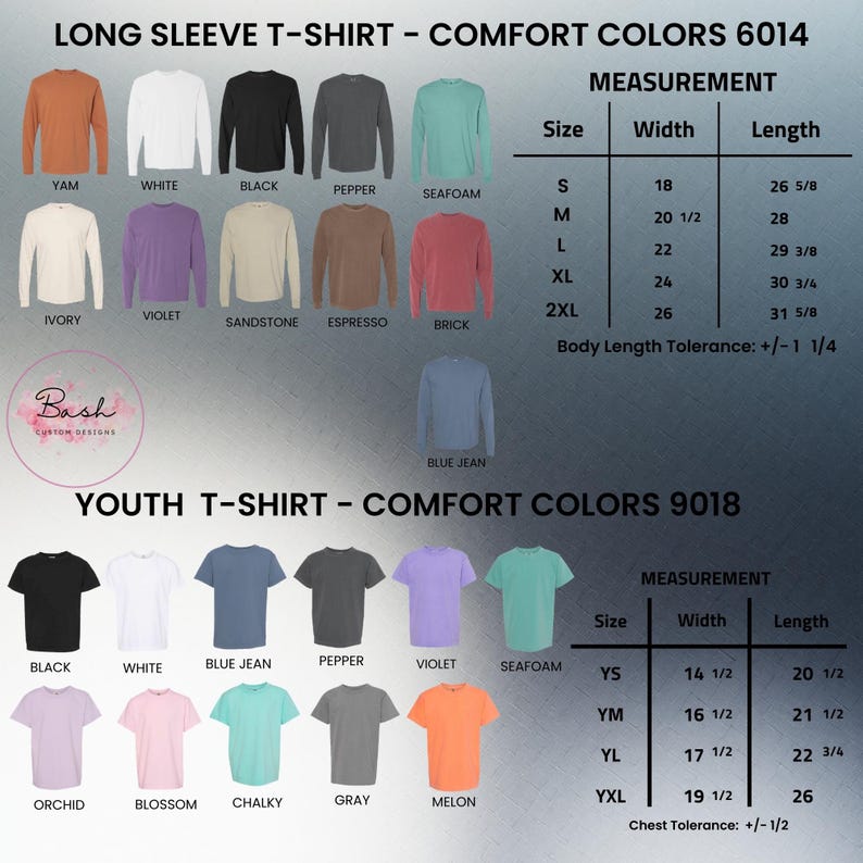 Peut inclure: Image pr&eacute;sentant des t-shirts &agrave; manches longues et des t-shirts pour jeunes de diff&eacute;rentes couleurs, dont noir, blanc et bleu jean. Mesures des tailles S-2XL et YS-YXL, avec largeur et longueur en cm.