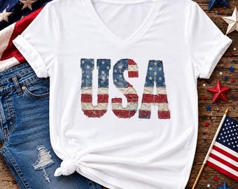 USA Faux Patchwork Bella Canvas Women V-Neck Shirt, 4th Of July V-neck Tee, Independence Day Tshirt, 250 Years America Gift