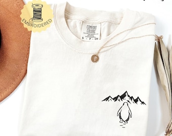 Comfort Colors® Minimalist Embroidered Penguin Mountain Shirt, Nihilist Hiking Shirt, Funny Outdoor Graphic Sweatshirt, Lonely Penguin Art