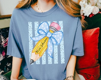 Comfort Colors® Personalized Teacher Shirt, Custom Name Teacher Tee, Floral Coquette Teacher Gift, Back To School Shirt Kindergarten Teacher