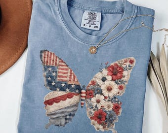 Comfort Colors®Faux Patchwork Patriotic Butterfly Shirt, American Flag Butterfly Tee, 4th Of July Shirt, Independence Day Gift, Gift for Her