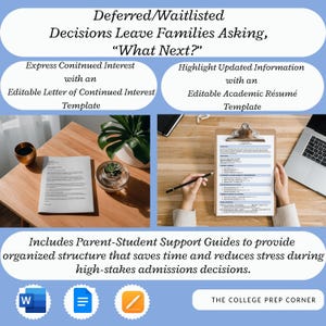 Puede incluir: Imagen que promociona recursos de preparación universitaria. El texto incluye "Decisiones aplazadas/en lista de espera dejan a las familias preguntándose: '¿Y ahora qué?'" y "Expresar interés continuo" y "Resaltar información actualizada". Incluye plantillas y guías de apoyo. El logotipo de The College Prep Corner es visible.