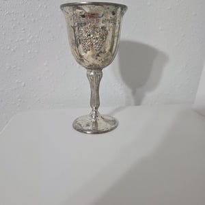 Puede incluir: Copa de color plateado con superficie texturizada y diseño de racimo de uvas. El tallo es acanalado y la base redonda. La copa es probablemente de metal y tiene un aspecto vintage o antiguo.