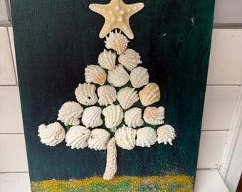Seashell Canvas board art. Christmas Tree. Spiky Jewel Box shells.