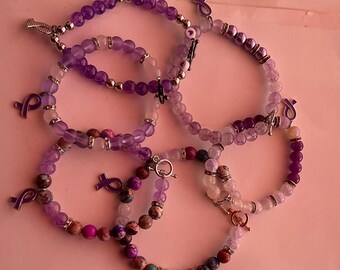 Purple Glass Beaded/Charmed Breast Cancer Awareness Bracelet