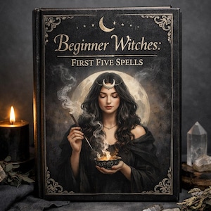 May include: A book titled "Beginner Witches: First Five Spells" features a woman with long dark hair, wearing a crescent moon headpiece, holding a bowl with flames. A lit candle and crystals are in the background. The book has a dark cover with ornate gold detailing.