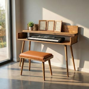 May include: A wooden piano desk with a built-in keyboard, a matching stool with a brown leather seat, and three framed sheet music prints. A small potted plant sits on the top shelf. The desk has a mid-century modern design.