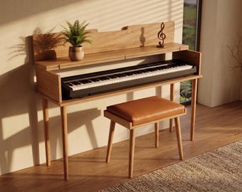 Minimalist Solid Wood Piano Stand with Flip Top Lid | Mid Century Modern Keyboard Desk | Hidden Hardware Musical Furniture