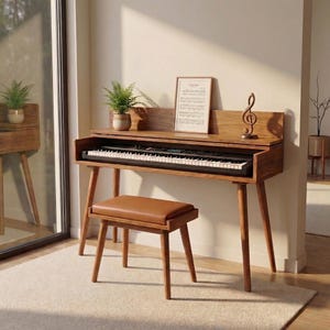 May include: A wooden piano with a keyboard, a matching stool with a brown leather seat, and a framed sheet music. The piano has a wooden treble clef decoration and is set against a neutral wall with a window.