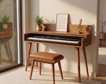 Mid Century Klavierständer mit Deckel - Massivholz Keyboardschreibtisch - Klavierständer aus Holz - Vintage Stil Digitalplättchen - Musikpult aus Holz
