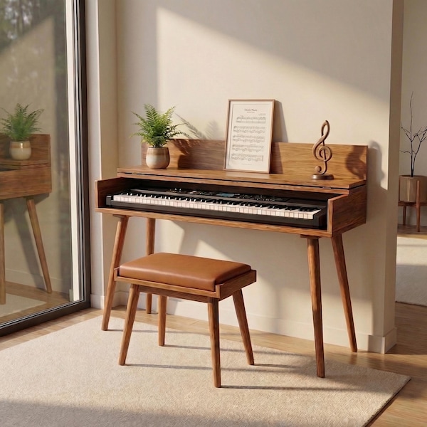 Mid Century Piano Stand with Lid – Solid Wood Keyboard Desk – Wooden Piano Stand - Vintage Style Digital Piano Stand - Wooden Music Desk