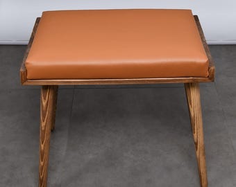 Mid Century Modern Leather Piano Bench | Solid Pine Wood Keyboard Stool | Upholstered Vanity Bench | Scandinavian Wooden Piano Chair