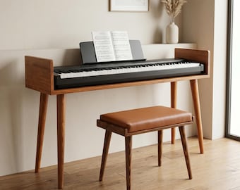Support de piano personnalisé en bois massif | Bureau minimaliste avec clavier numérique pour 88 touches | Meubles de studio modernes du milieu du siècle | Cadeau musicien