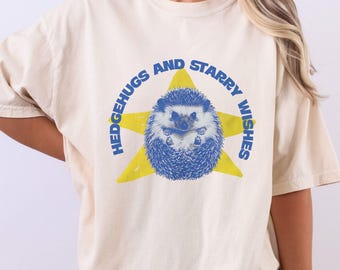 T-shirt hérissons et voeux étoilés, t-shirt graphique étoile hérisson mignon, cadeau doux pour amoureux des animaux, t-shirt céleste fantaisiste
