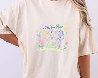 T-shirt maman je t'aime, t-shirt dessin enfants mignons, t-shirt coeur de la maison, cadeau simple pour maman sentimentale, chemise douce aux crayons de couleur art fête des mères