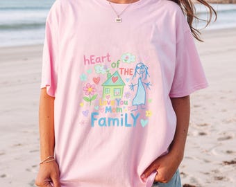 Chemise maman cœur de famille, t-shirt maman je t'aime, joli cadeau de fête des mères, jolie chemise dessin enfant pour maman, chemise couleurs confort