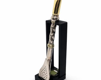 高級ジャーマンシルバー製ボンビージャ 17cm ブロンズ製ストレートチップ イェルバマテストロー プレミアムハンドメイドフィルタースプーン ブロンズ装飾付き