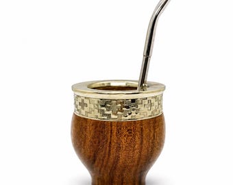 Gobelet à maté en bois d'algarrobo fait main avec bordure lisse en argent allemand, tasse artisanale haut de gamme + bombilla en acier inoxydable offerte