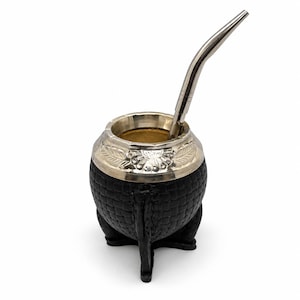 Handmade Black Torpedo Gourd Mate with Braided Leather, Chiseled Alpaca Ferrule + Free Stainless Steel Parrot Beak Bombilla
