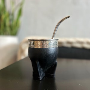 Large Trucker's Mate Gourd | Smooth Black Leather Cover + Alpaca Ferrule | Free Stainless Steel Parrot Beak Bombilla (Mexican Straw)