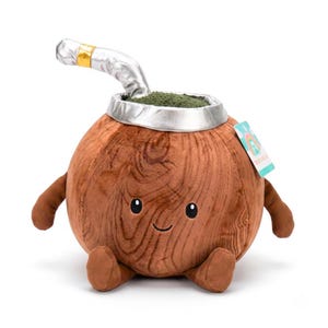 May include: A plush toy shaped like a mate gourd with a brown wood-grain pattern, a silver rim, and a silver straw. The toy features a dark green top, two small arms, two small legs, and a smiling face with black eyes and a stitched mouth.