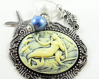 Silver Cameo Necklace,  Nautical Mermaid Cameo With Pearls And Charms Womens Gift  Handmade