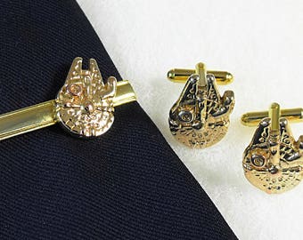 Star Wars Millennium Falcon Gold Tie Clip and Cufflink Set, Gold Plated, Gift Box Mens Accessories Handmade
