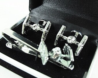 Star Wars Tie Fighters Silver Tie Clip and Cufflink Set, Gift Box Mens Accessories Handmade