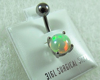 Belly Ring, Semi Precious Ethiopian Welo Fire Opal in a Surgical Steel Prong Setting  Women"s Gift Handmade