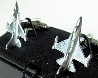 Silver Cufflinks, F16 Fighting Falcon Military Jet  Mens Accessories Handmade