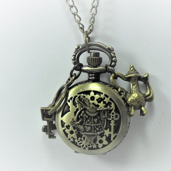 Pocket Watch Necklace, Bronze Keepsake Alice In Wonderland, White Rabbit, Women's Gift Handmade