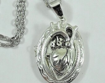 Silver Anatomical Heart Locket Necklace, Mens Womens Gift  Handmade