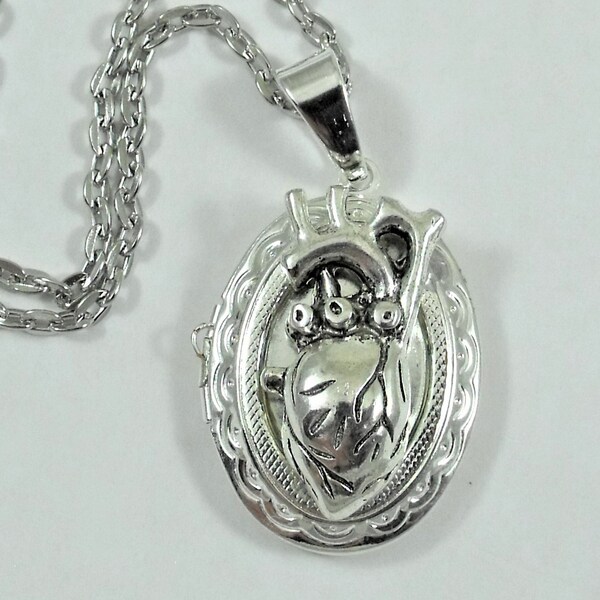 Silver Anatomical Heart Locket Necklace, Mens Womens Gift  Handmade