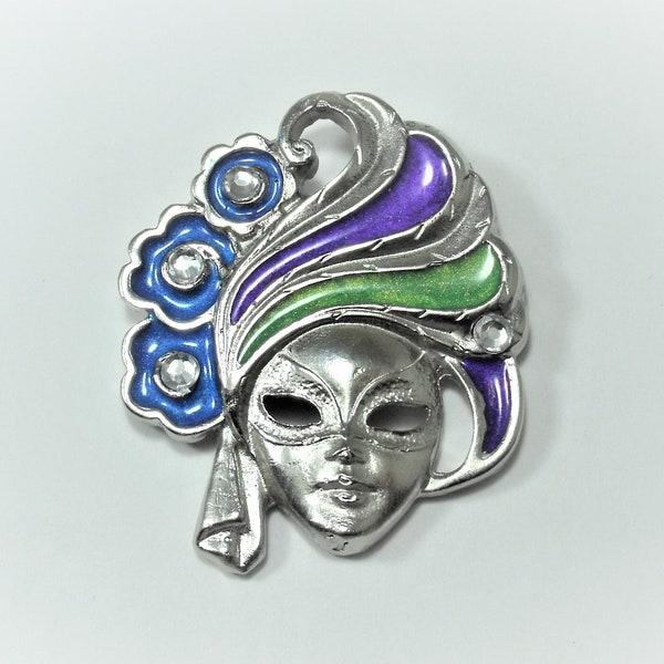 Mardi Gras Mask, Silver Brooch Pin, Women's Gift Handmade. Large Brooch Pin