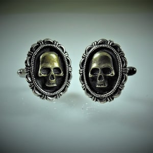 Mens  Silver Cufflinks,  With Gothic Bronze Skulls,  Mens Accessory Wedding Groomsmen